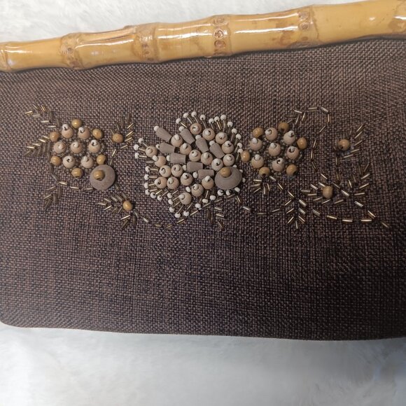 brown beaded clutch with faux bamboo snap closure - Picture 3 of 16